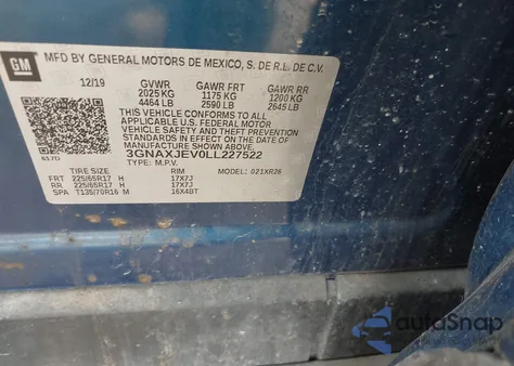 2020 Chevrolet Equinox Fwd 2Fl из США, поврежденный, VIN 3GNAXJEV0LL227522